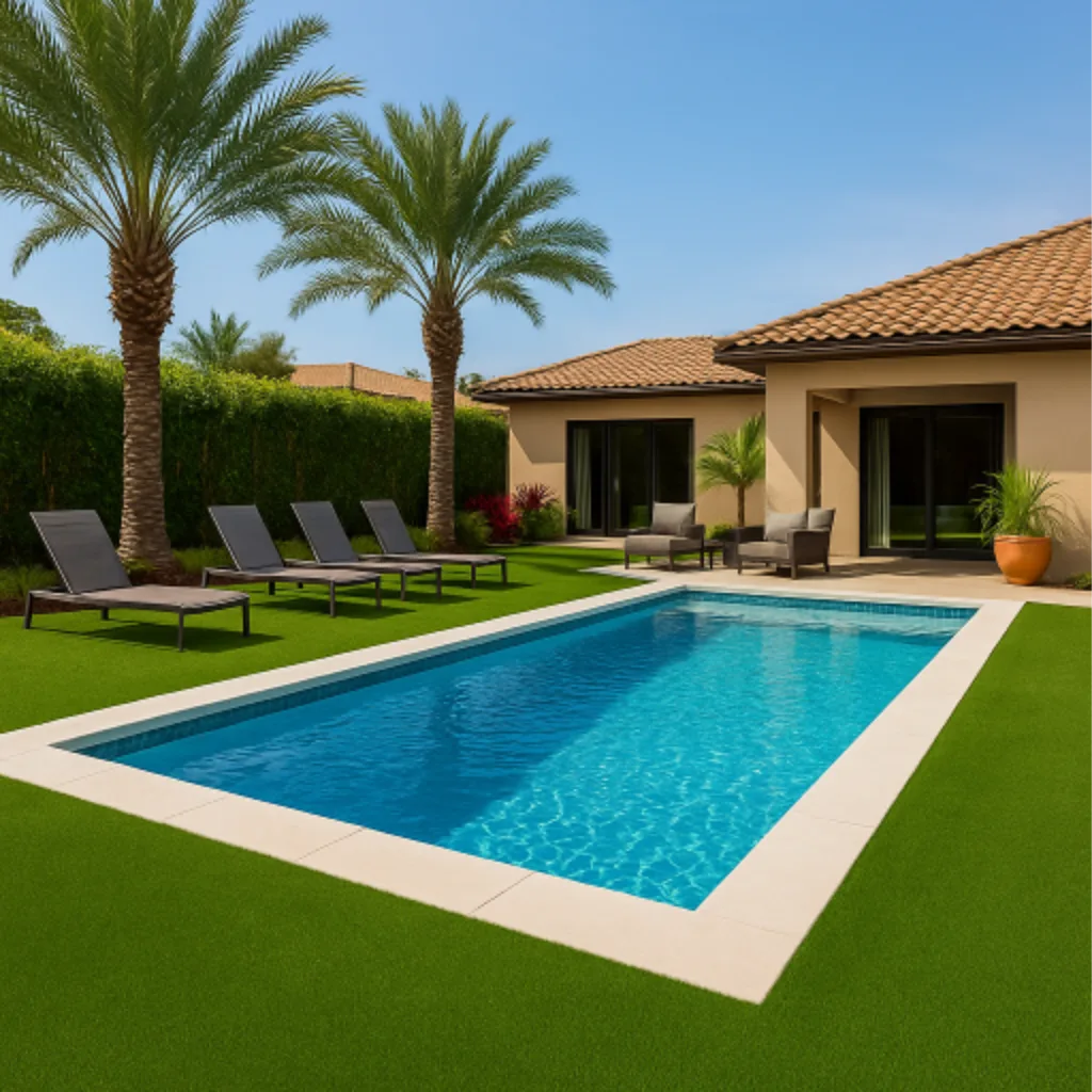 A luxury backyard in Ponte Vedra, FL featuring a sparkling pool surrounded by freshly installed artificial grass by Simply Verde Artificial Turf.