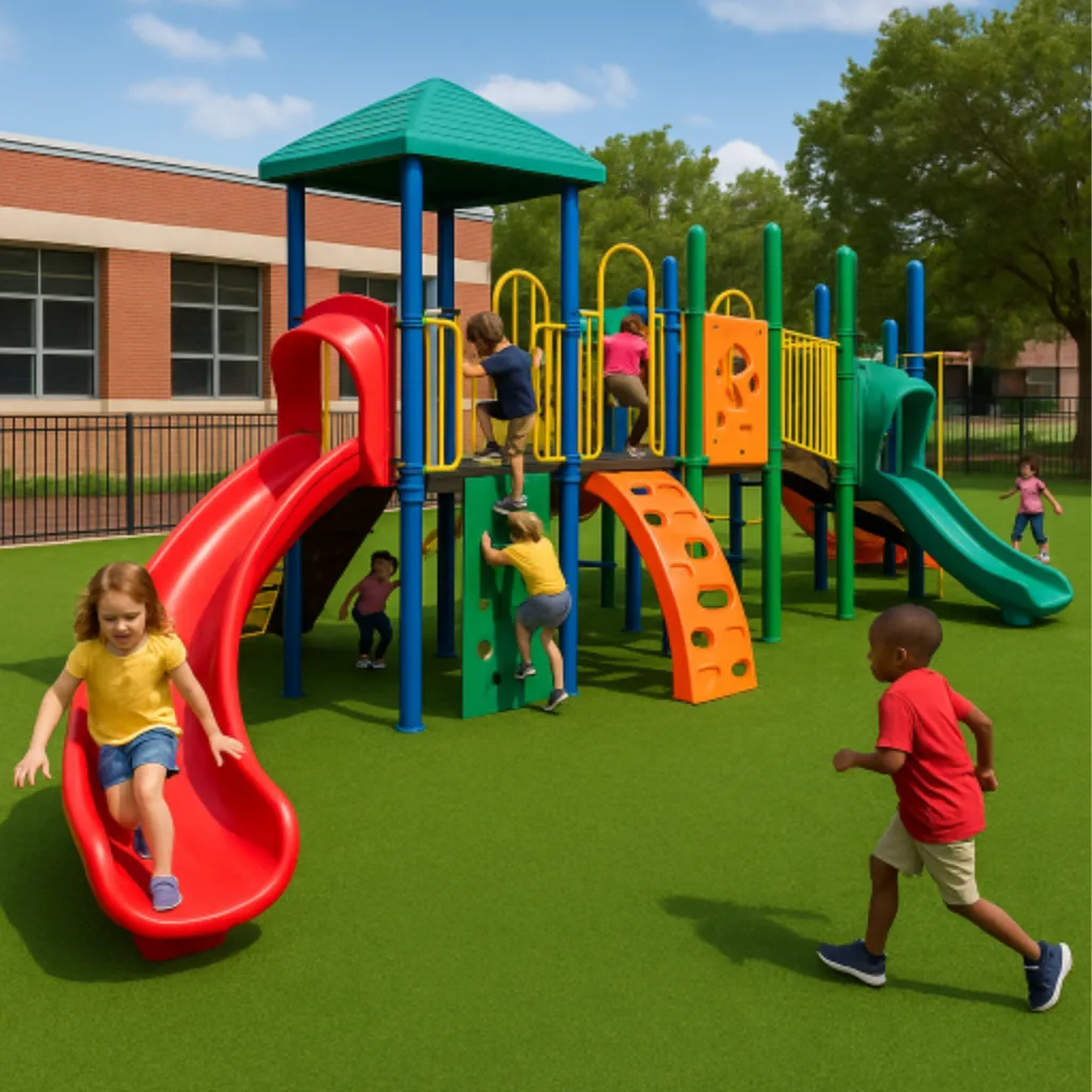 A safe, clean school playground in Ponte Vedra, FL with artificial grass installed by Simply Verde Artificial Turf