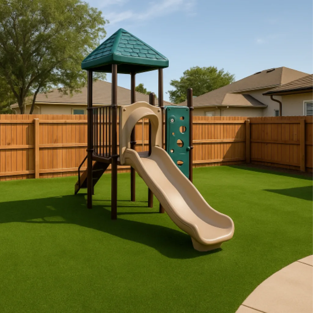 A suburban backyard in Ponte Vedra, FL with a new artificial turf lawn installed for safer play for kids - installed by Simply Verde Artificial Turf