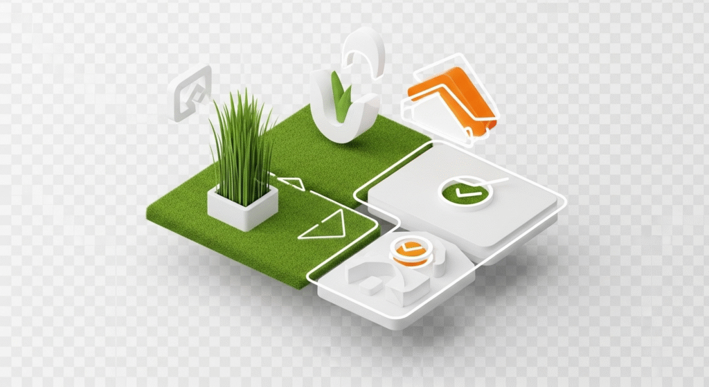 Abstract premium illustration with clean, modern elements symbolizing artificial turf transformation in front and backyard outdoor spaces, featuring crisp white and orange accents on a transparent background.