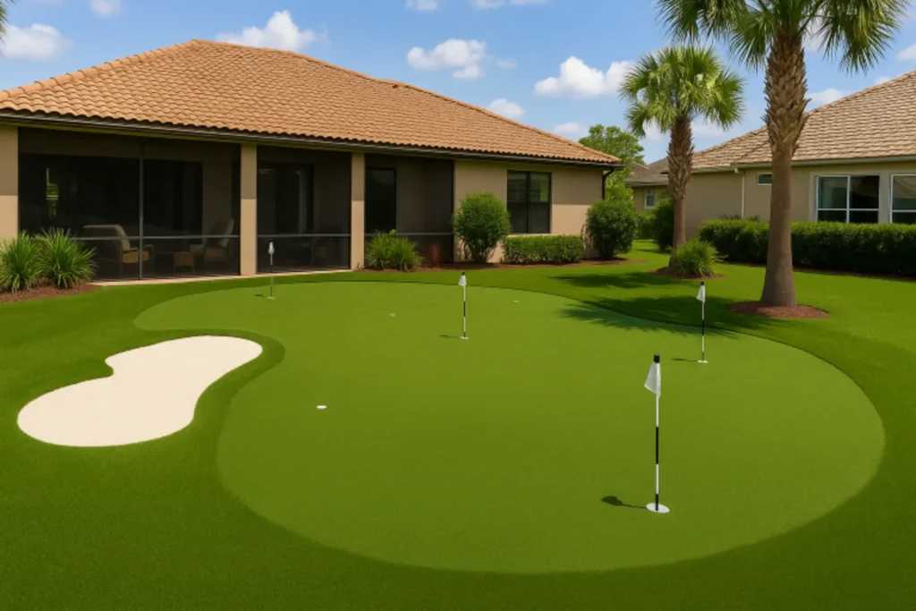 Backyard putting green in Ponte Vedra, FL with artificial turf, three flags, tropical landscaping