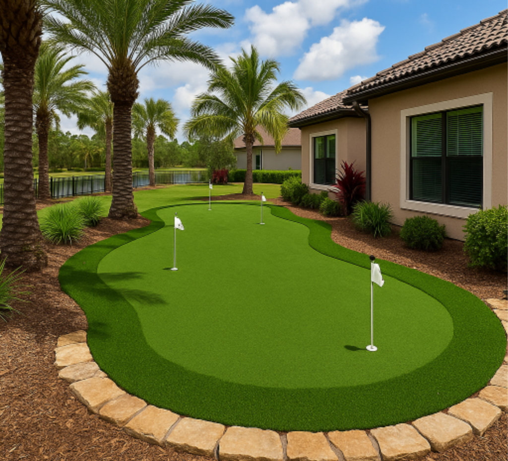 Backyard putting green in Ponte Vedra, FL with artificial turf installation by Simply Verde Artificial Turf