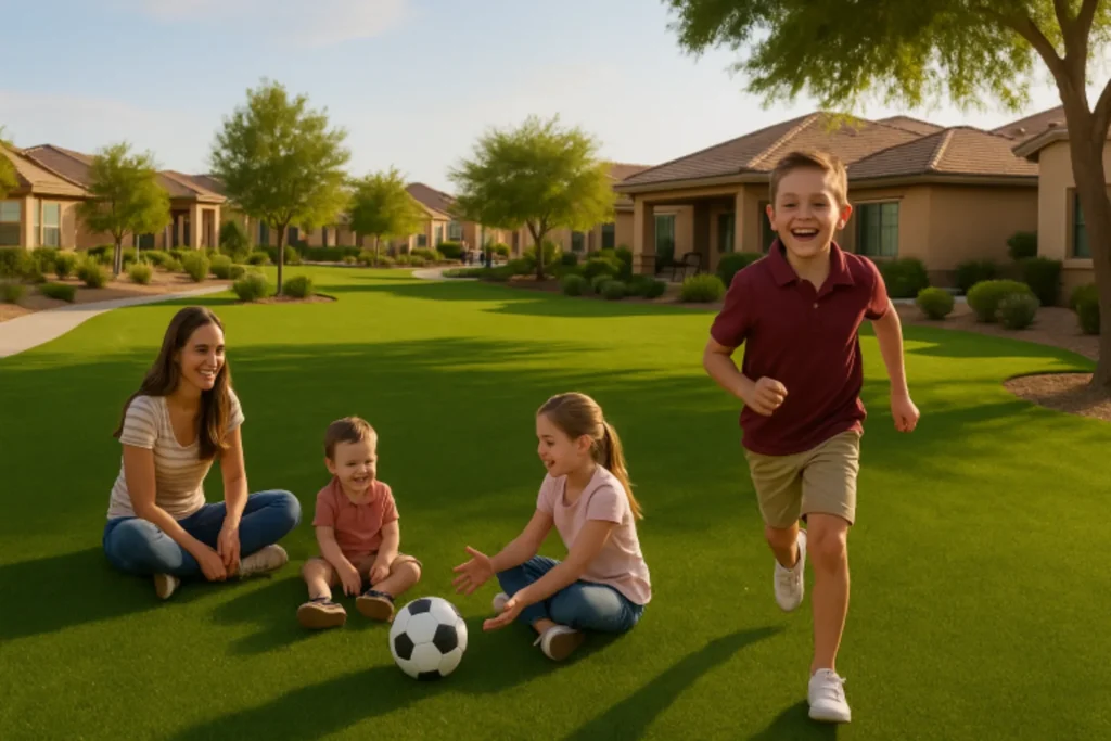 Family enjoying an HOA community space in Ponte Vedra, FL with artificial grass installation for children playing soccer and other sports as well as picnic areas too.