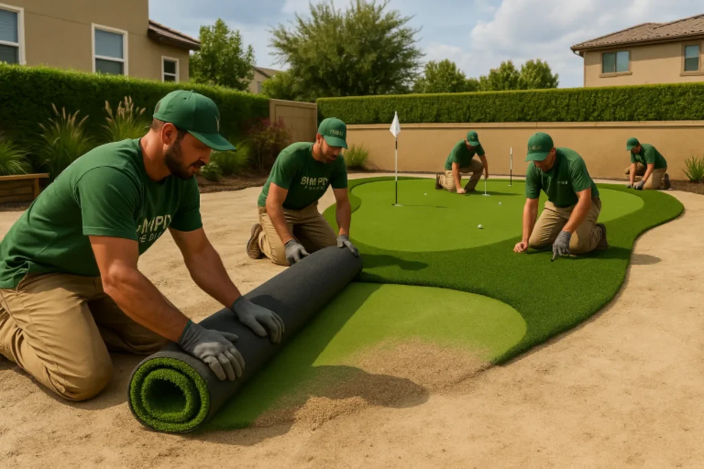Four Simply Verde workers installing a backyard putting green in Ponte Vedra, FL