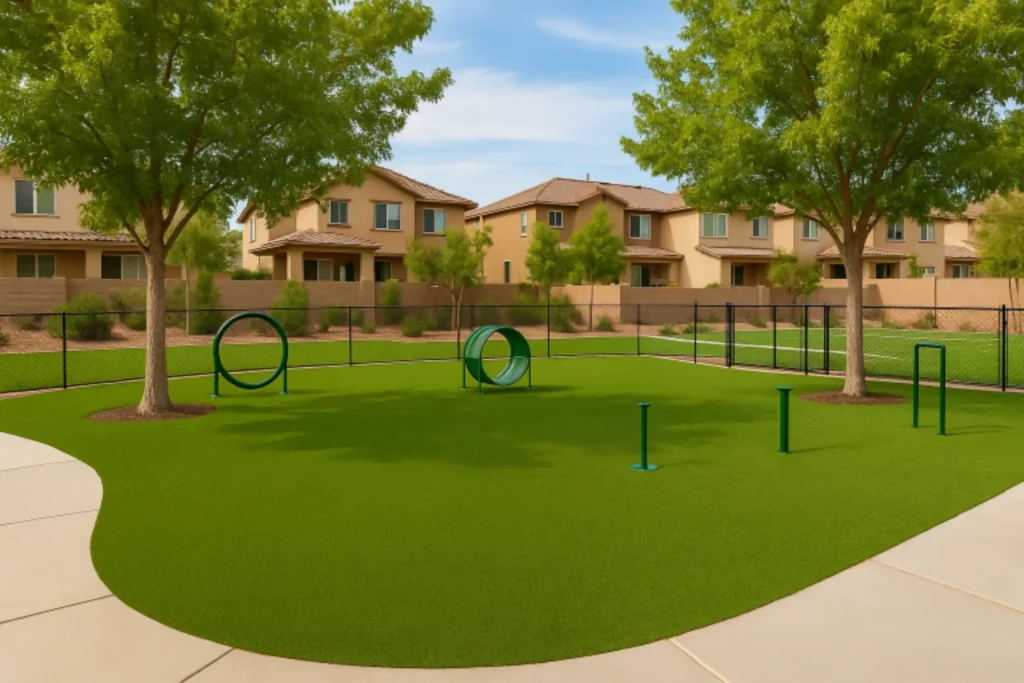 HOA community dog park in Ponte Vedra, FL with artificial turf installed to endure high traffic from mulitple dogs and their owners.