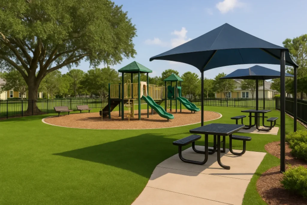 HOA community playground in Ponte Vedra, FL with artificial turf, shaded picnic areas, and fenced-in play structures.