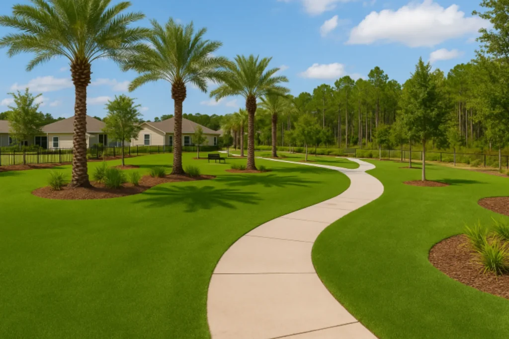 HOA community shared green space in Ponte Vedra, FL with artificial turf installation, palm trees, walking paths, and landscaped benches.