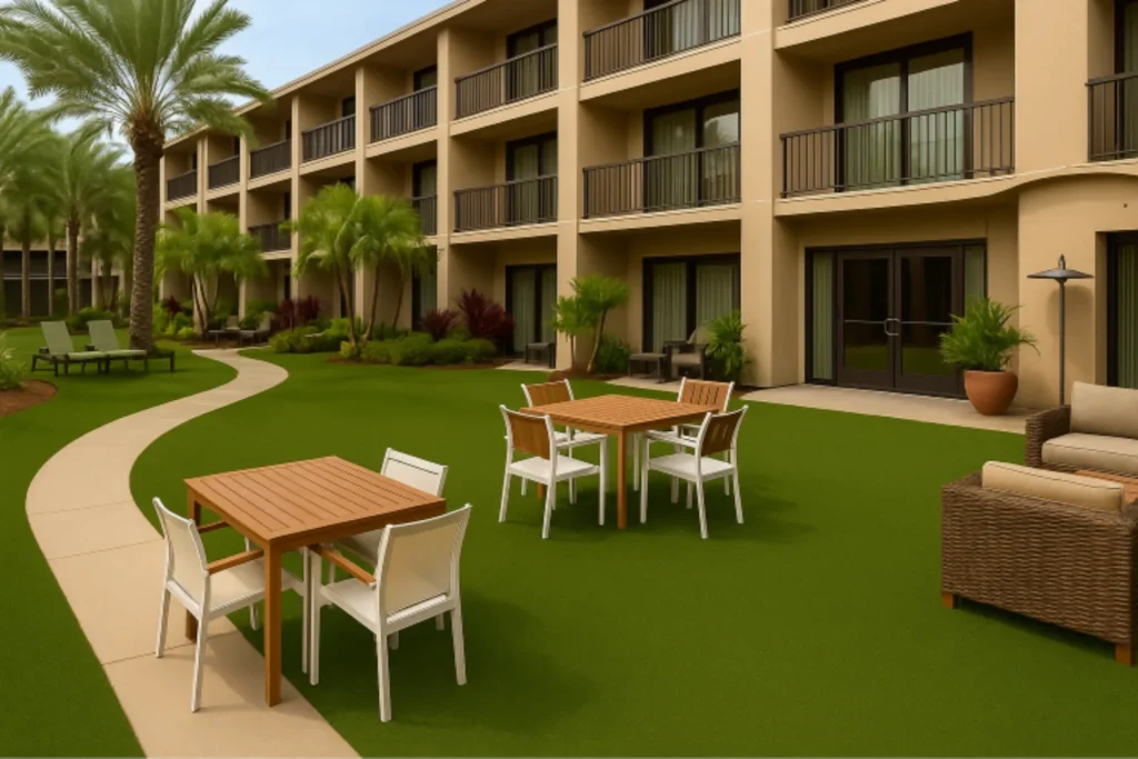 Hotel courtyard in Ponte Vedra, FL with commercial artificial turf installation, outdoor seating, and tropical landscaping.