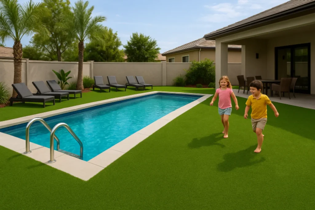 Modern backyard pool in Ponte Vedra, FL with artificial turf pool deck - installed by Simply Verde Artificial Turf.