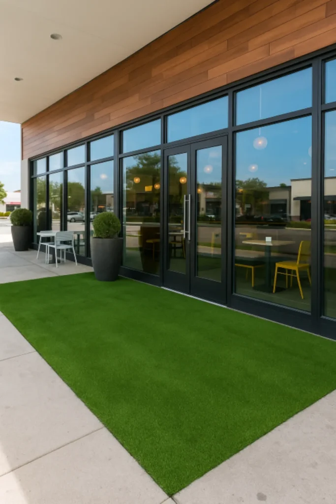 Modern commercial storefront in Ponte Vedra, FL with artificial turf installation at the entrance,