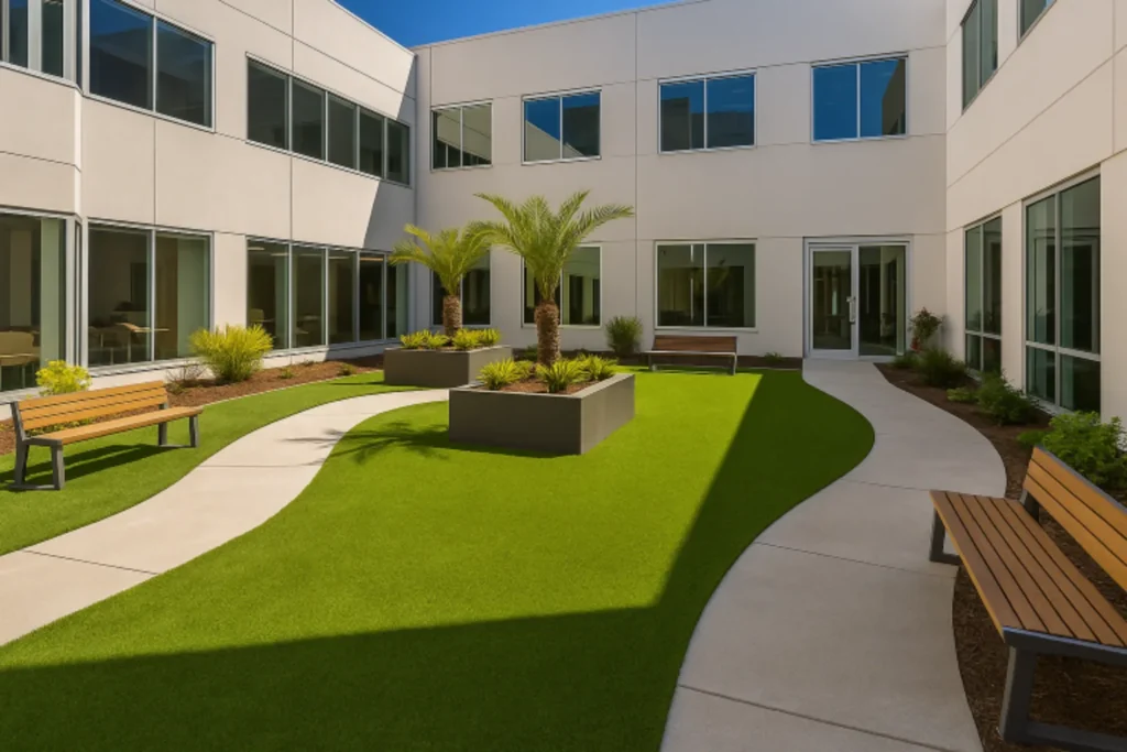 Modern office courtyard in Ponte Vedra, FL featuring synthetic grass installation