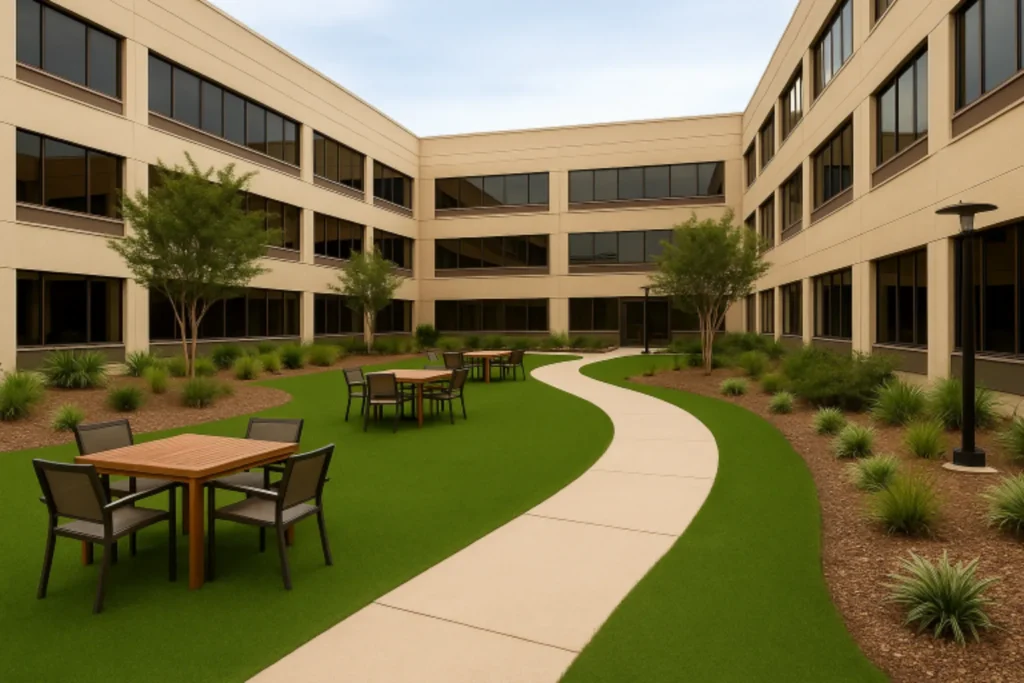Office complex courtyard in Ponte Vedra, FL with artificial turf installation, outdoor seating, and landscaped walkways.