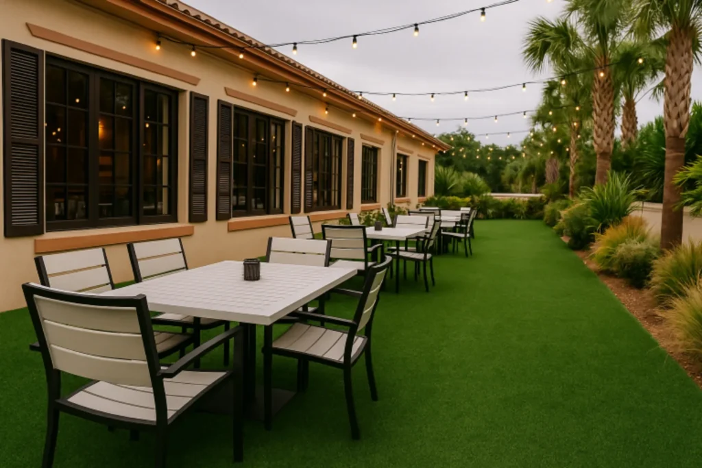 Outdoor restaurant dining area in Ponte Vedra, FL with artificial turf flooring