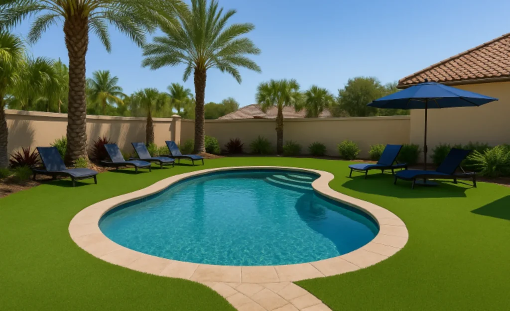 Poolside synthetic grass installation safe for kids and pets around the pool - installed by Simply Verde Artificial Turf