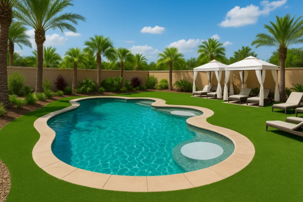 Resort-style pool in Ponte Vedra, FL with artificial turf installation for low maintence lawns.