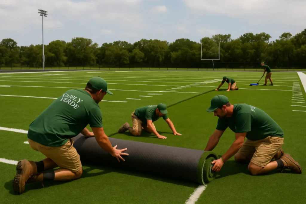 Simply Verde Artificial Turf crew installing synthetic grass for a sports field in St. John's County, FL