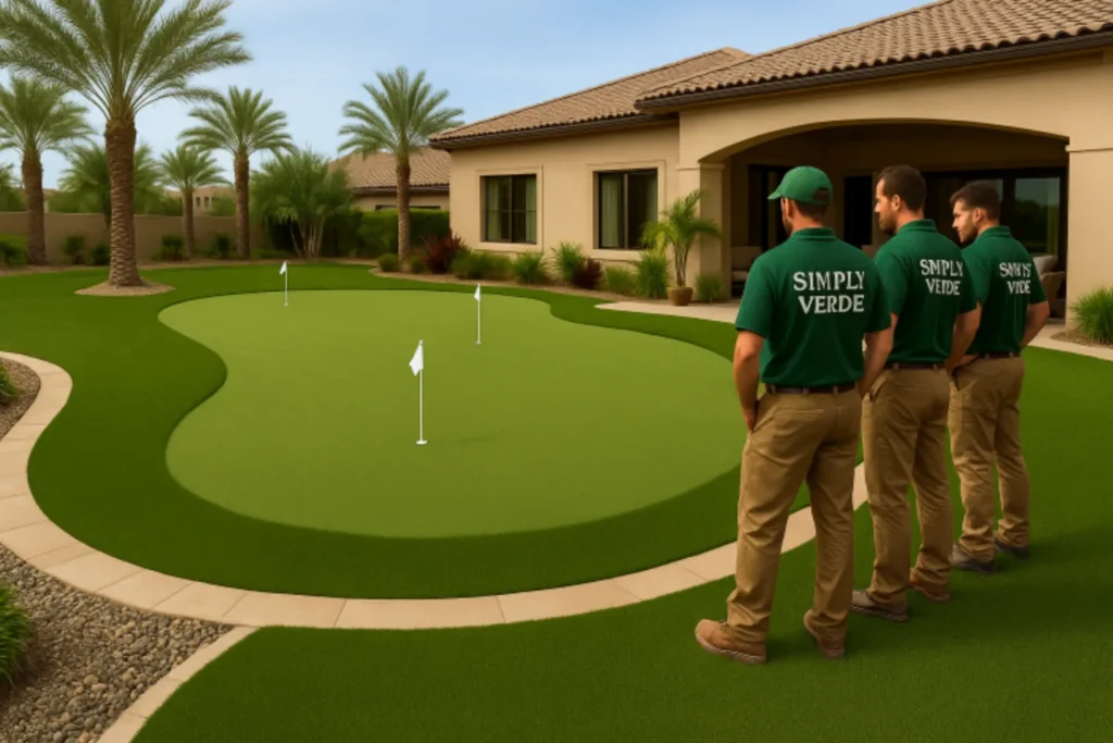 Simply Verde Installation team observing their newest install of a private backyard putting green in Ponte Vedra, FL