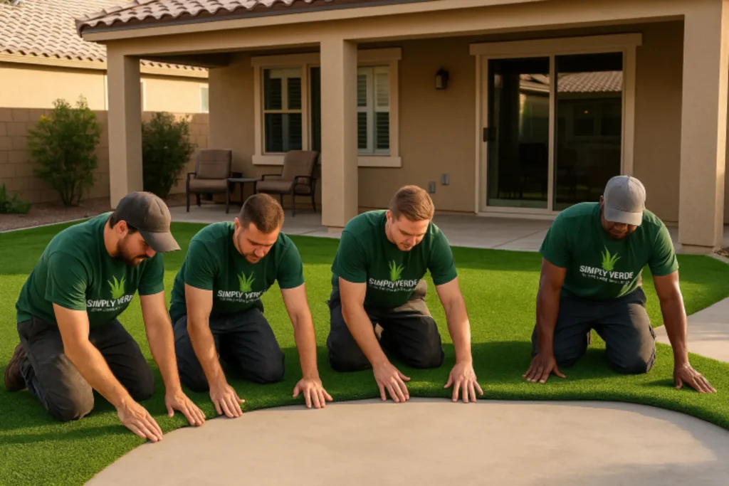 Four Simply Verde crew members installing artificial turf in a Ponte Vedra backyard
