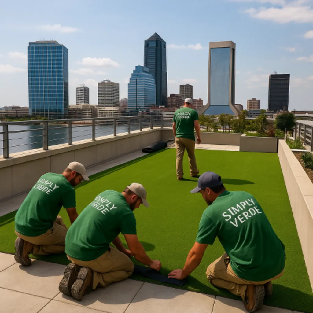 Simply Verde's turf installation team installing fake grass for a rooftop area in Ponte Vedra, FL