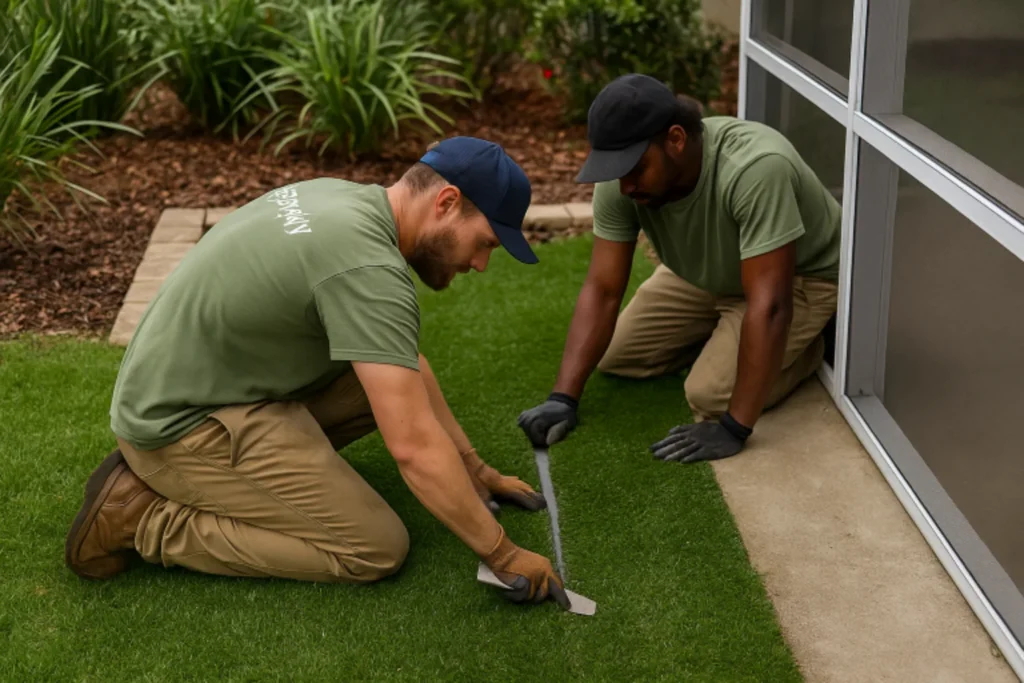Two Simply Verde landscaping workers installing artificial turf in a Ponte Vedra backyard