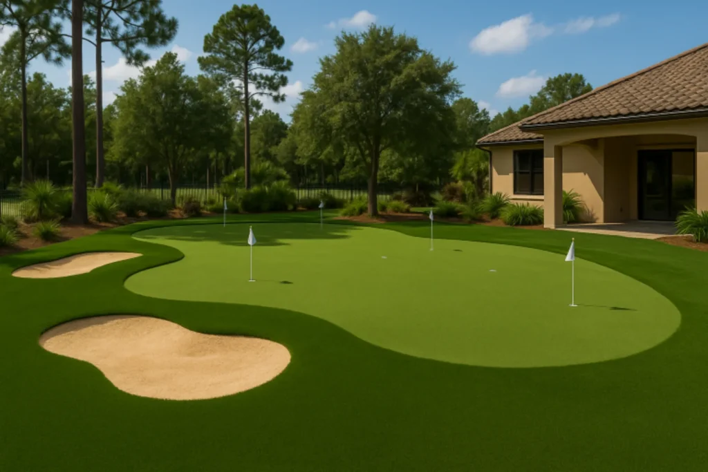 backyard in Ponte Vedra, FL featuring a custom artificial turf short game practice area with multiple putting holes, a sand bunker, and chipping space