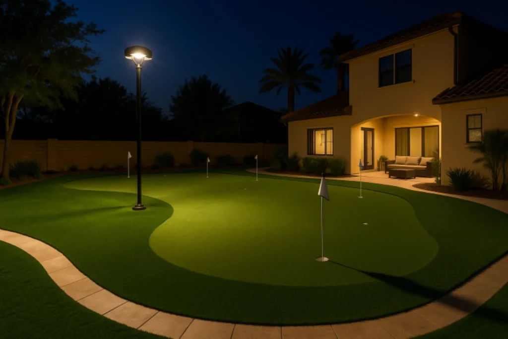 private short game green in the backyard of a home in Ponte Vedra, FL -installed by Simply Verde Artificial Turf