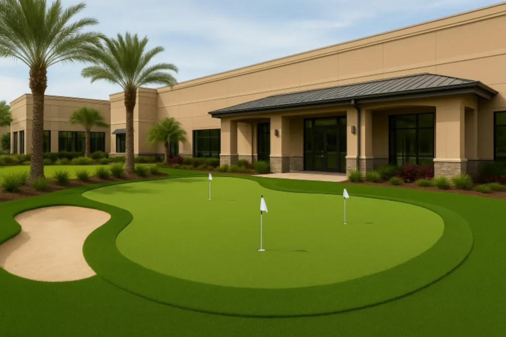 professional short game golf green outside an office building for quick access to imprive your golf game - installed by Simply Verde Artificial Turf, St John;s County, FL