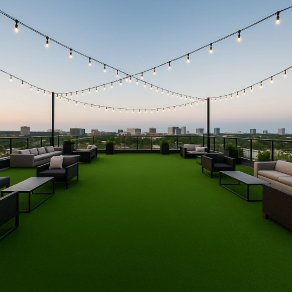 rooftop event center with freshly laid artificial grass for low maintenance and aesthetic appeal - installed by Simply Verde Artificial Turf