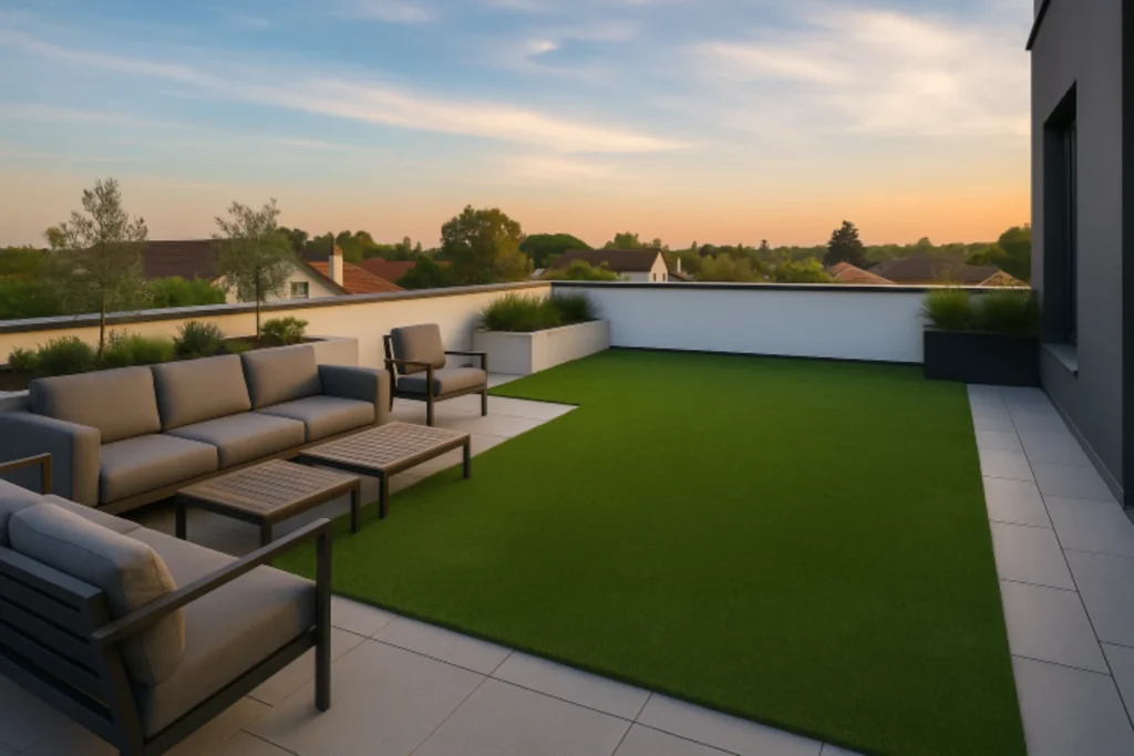 Rooftop sitting area for residents with artificial grass