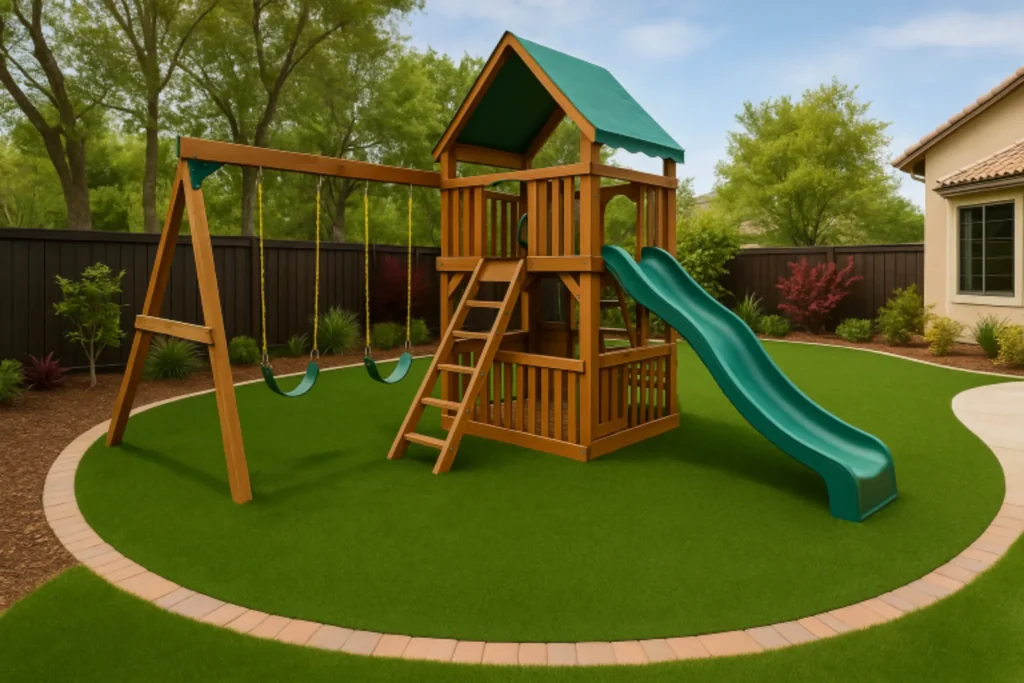synthetic grass installation for a playground at a home in Ponte Vedra, FL that's safe for kids-installed by Simply Verde Artificial Turf