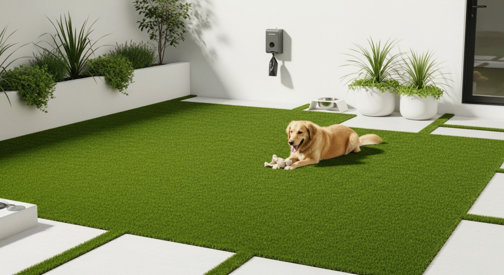 Golden retriever dog resting on pet-friendly artificial turf installation in a Ponte Vedra, FL backyard (32082), highlighting a clean, low-maintenance solution for Florida pet owners.