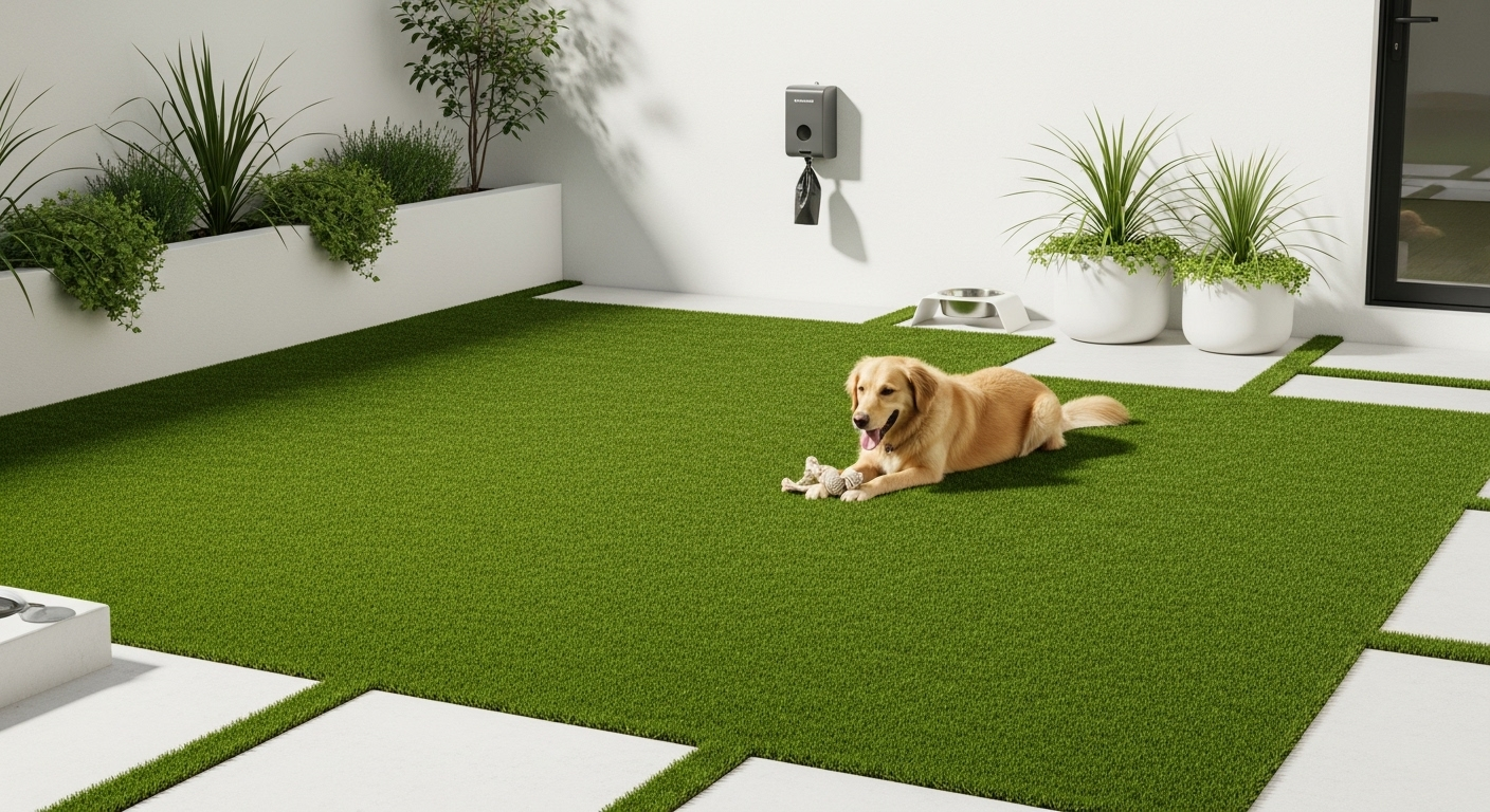 Golden retriever dog resting on pet-friendly artificial turf installation in a Ponte Vedra, FL backyard (32082), highlighting a clean, low-maintenance solution for Florida pet owners.